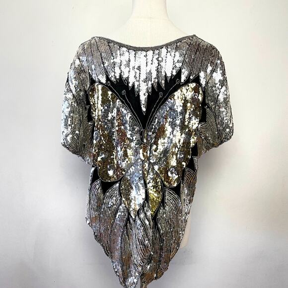 Vintage 80s Silver Gold Sequin Butterfly Silk Top Sz L NYE Glam Party Statement - Picture 5 of 9